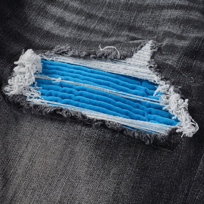 Dark Grey Blue Patch Denim