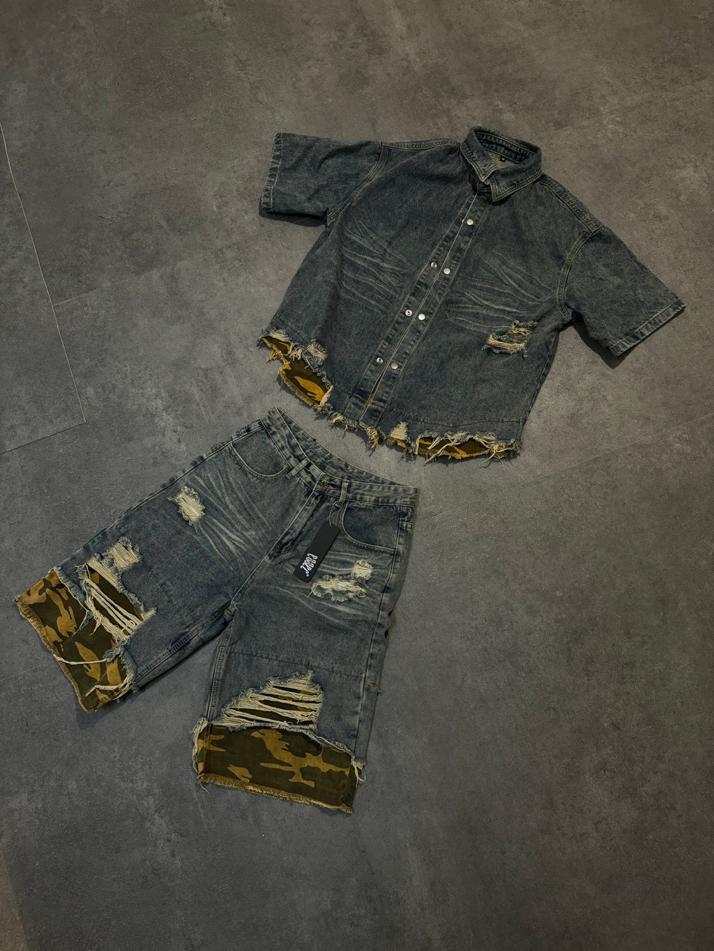 Denim Distressed Set Blue Camo