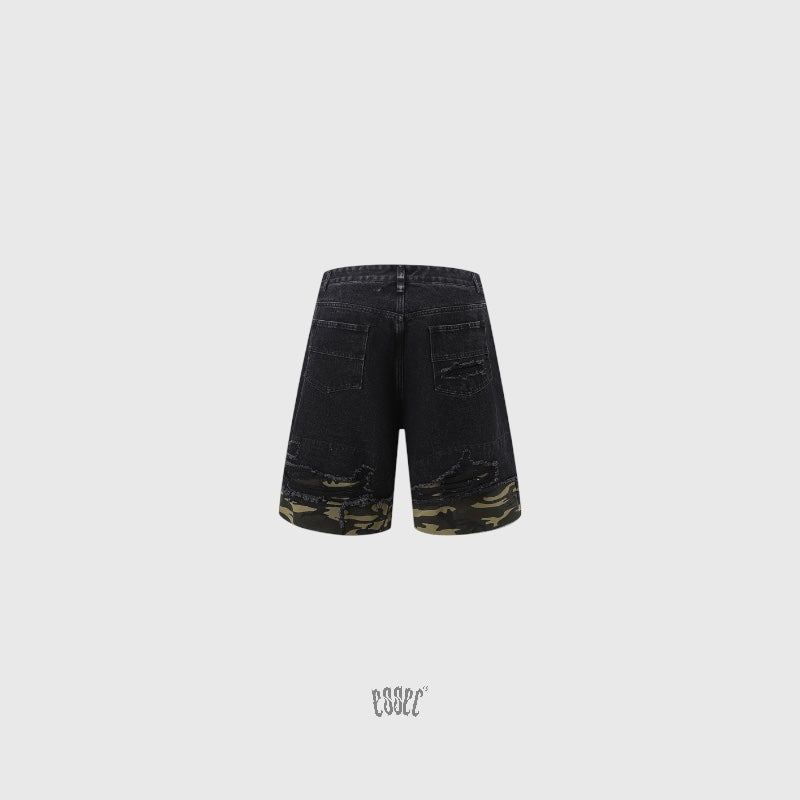 Denim Distressed Shorts Black Camo