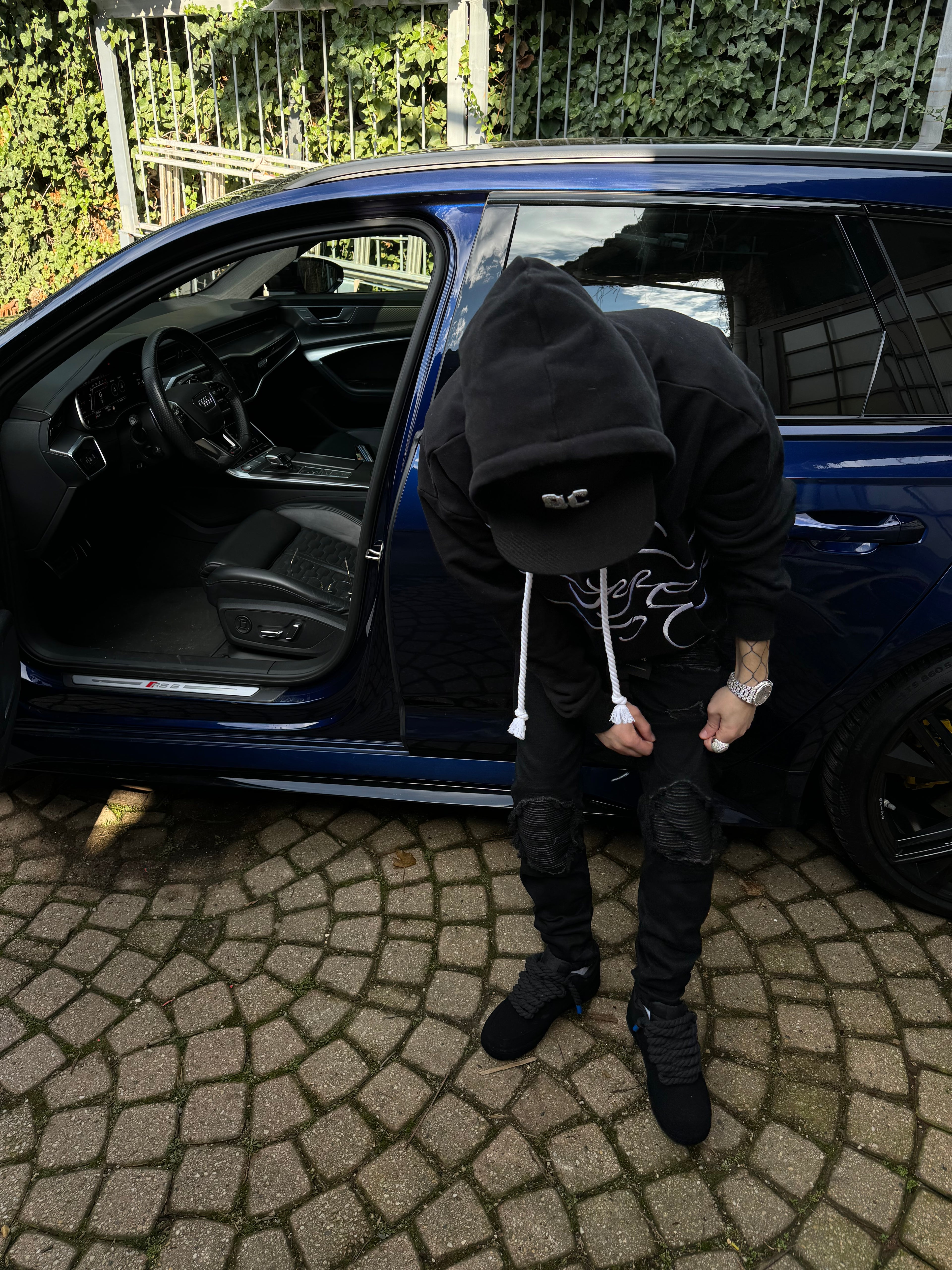 Black Ripped Leather Denim