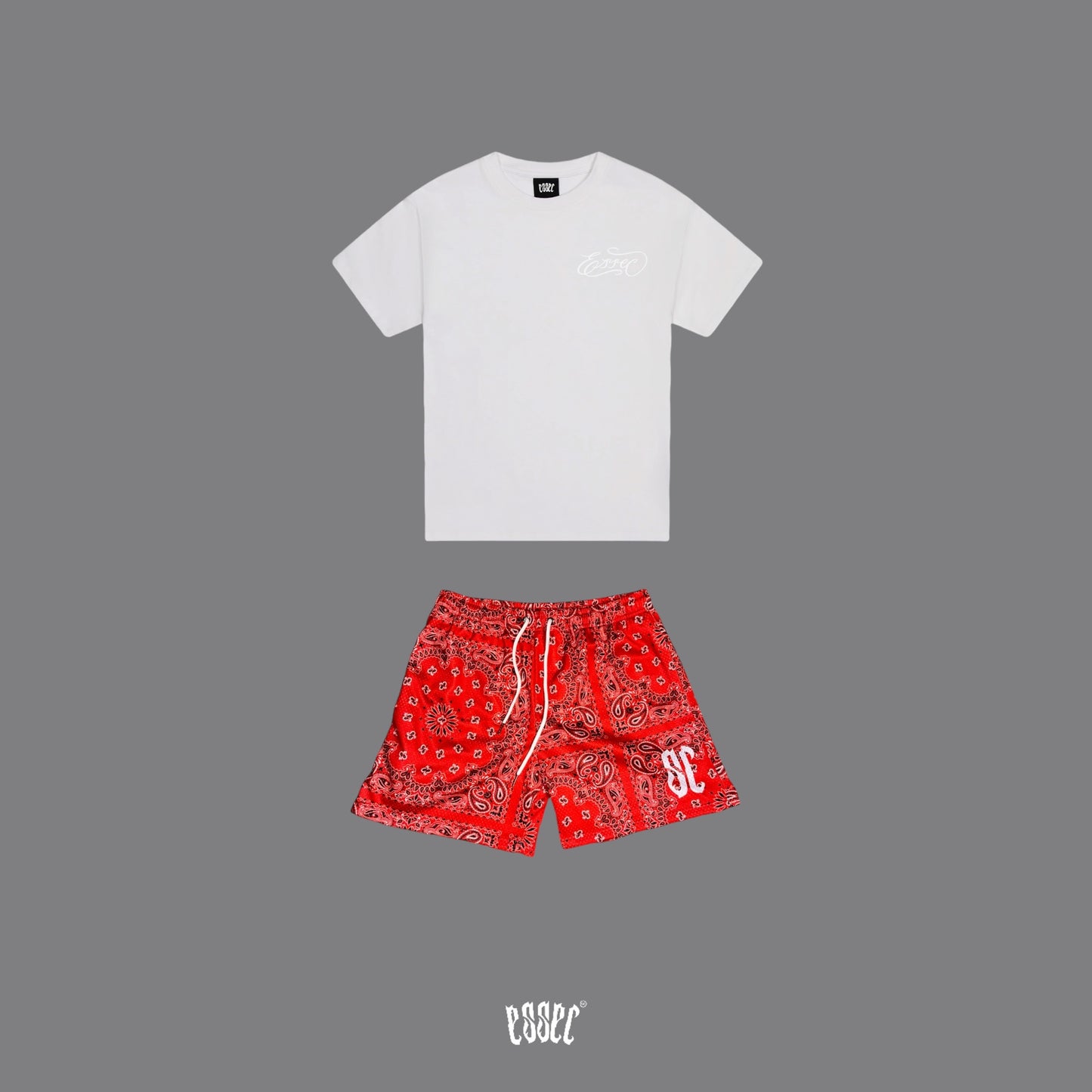 Essec White Basic Tee + Red Bandana Shorts set