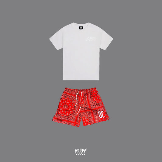 Essec White Basic Tee + Red Bandana Shorts set