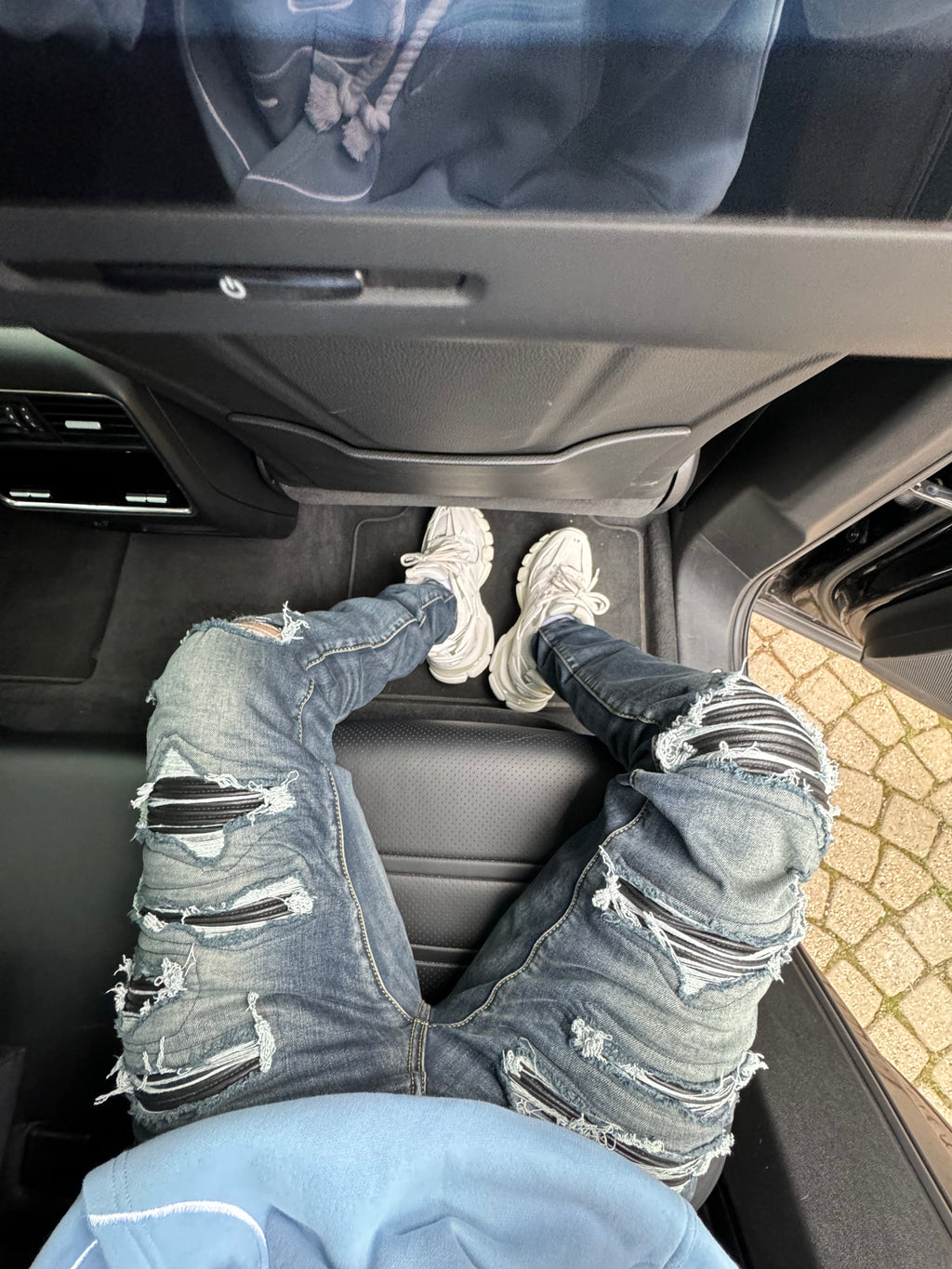 Dark Blue Ripped Black Leather Denim