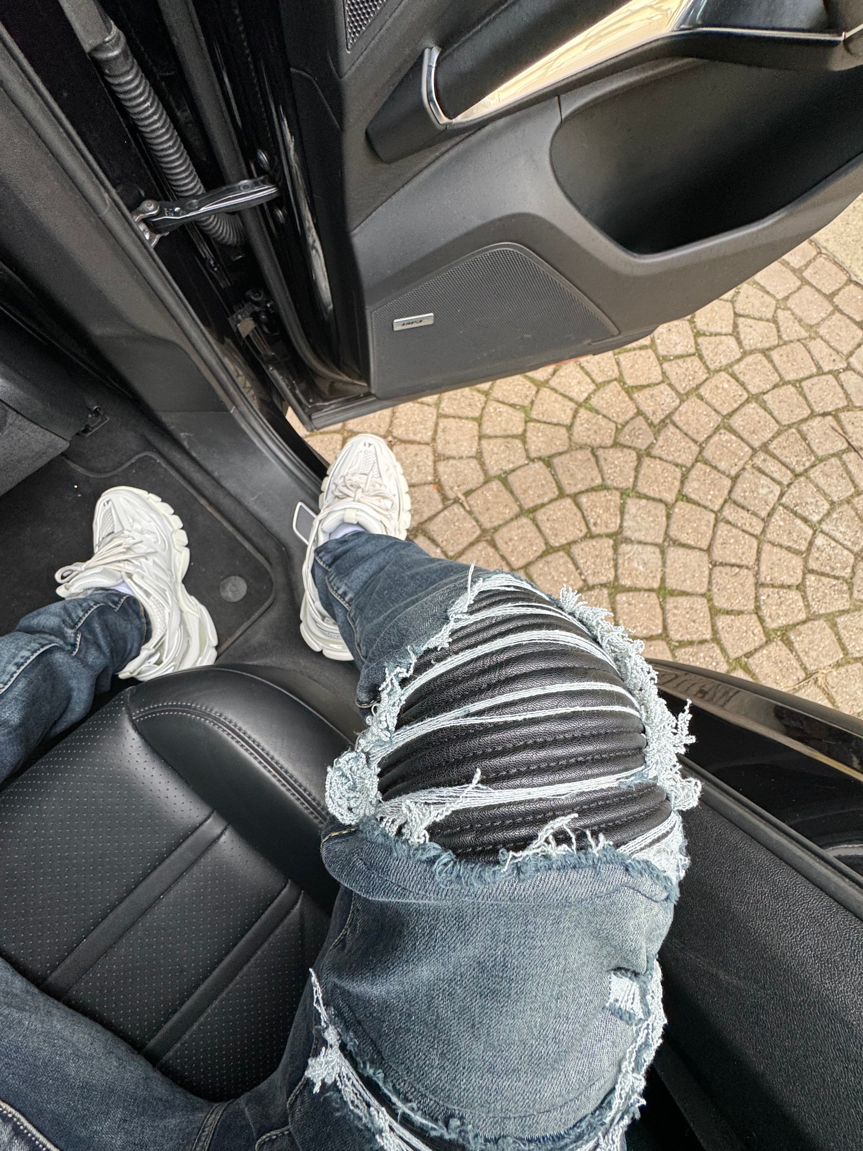Dark Blue Ripped Black Leather Denim