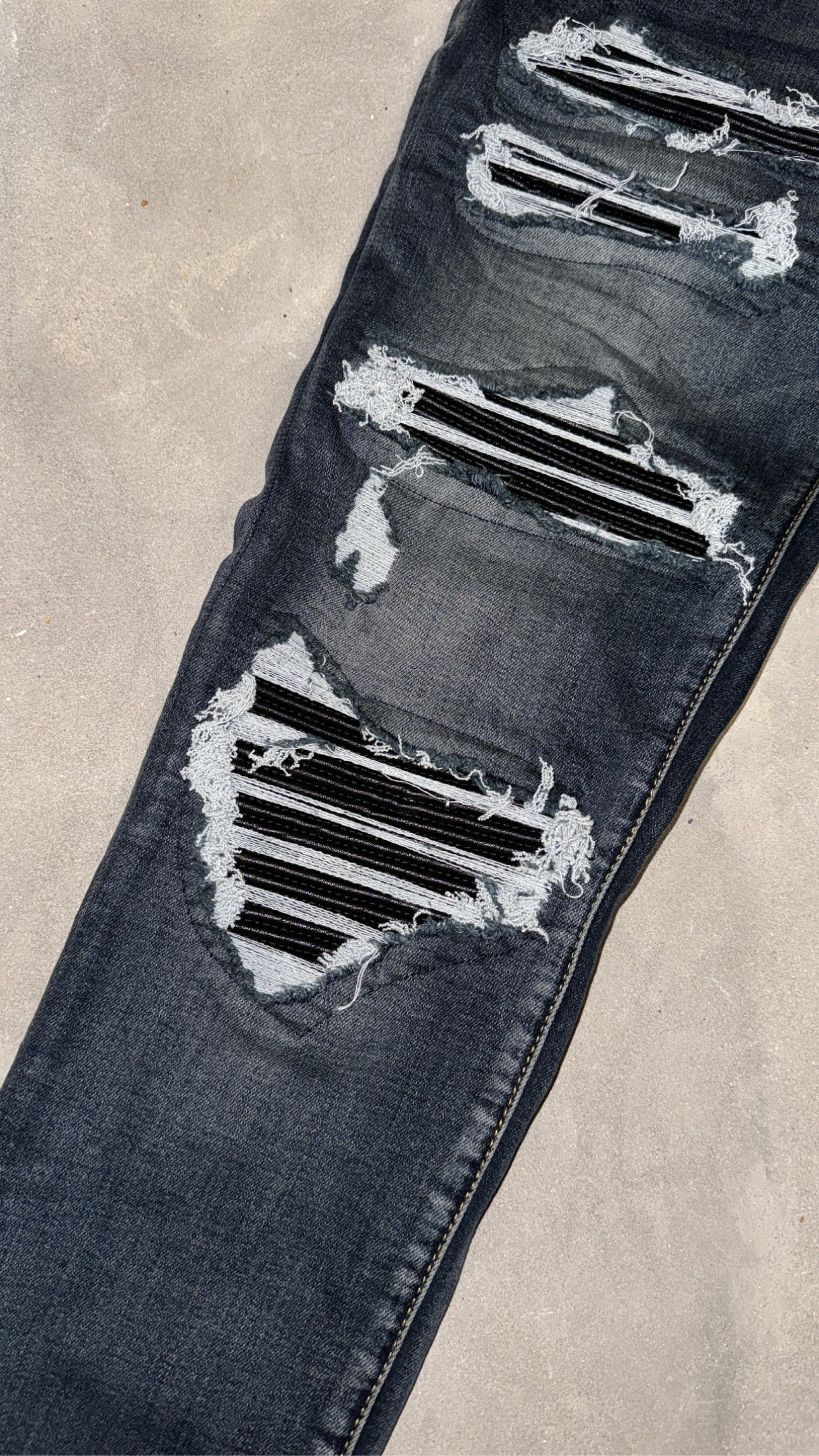 Dark Blue Ripped Black Leather Denim