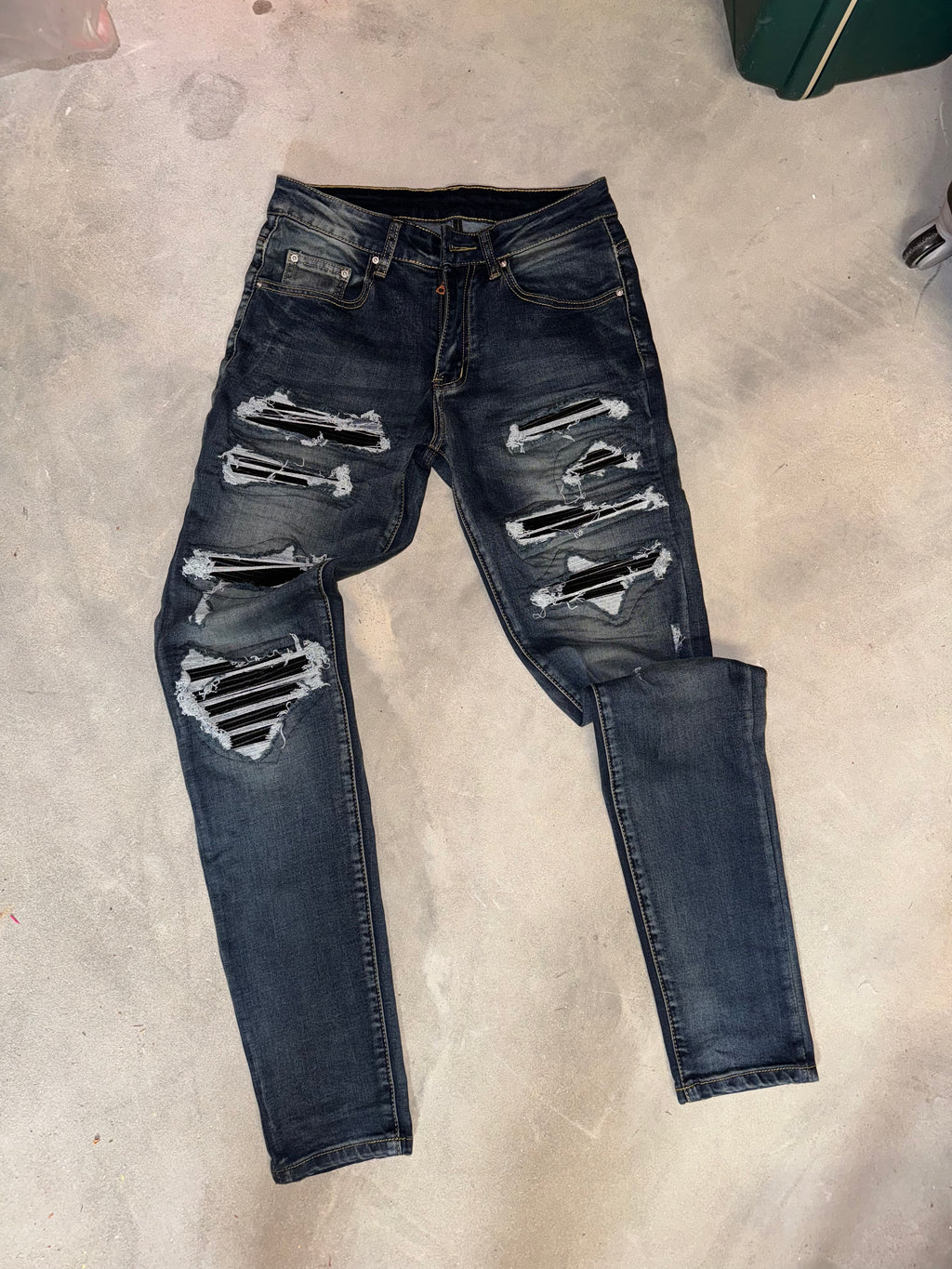 Dark Blue Ripped Black Leather Denim