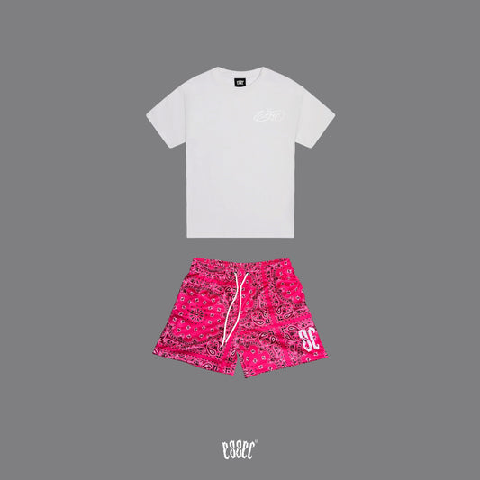 Essec White Basic Tee + Pink Bandana Shorts set