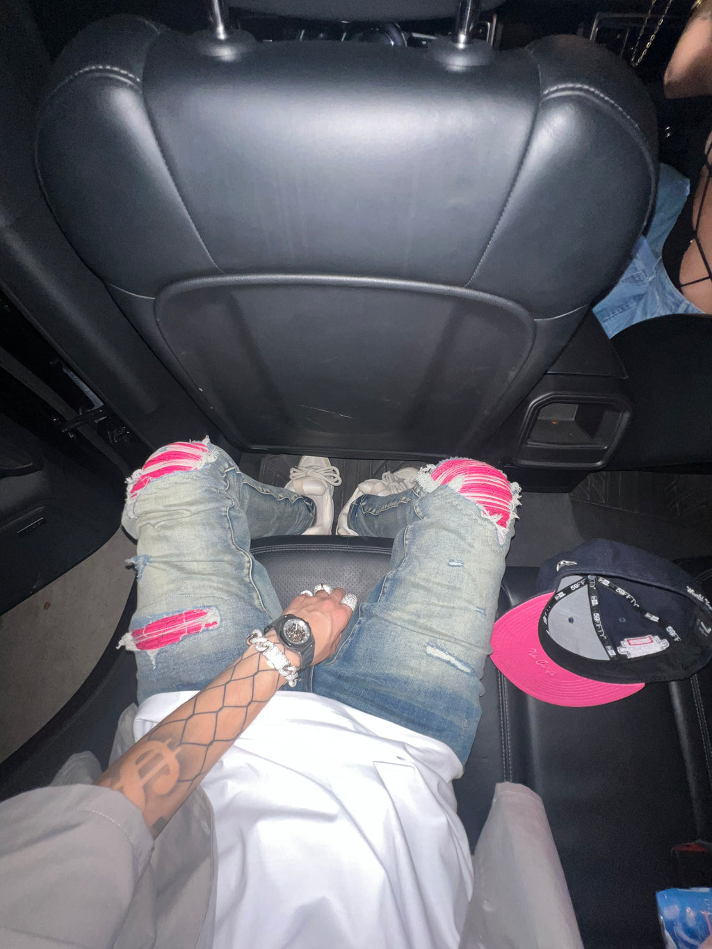 Pink Ripped leather blue denim