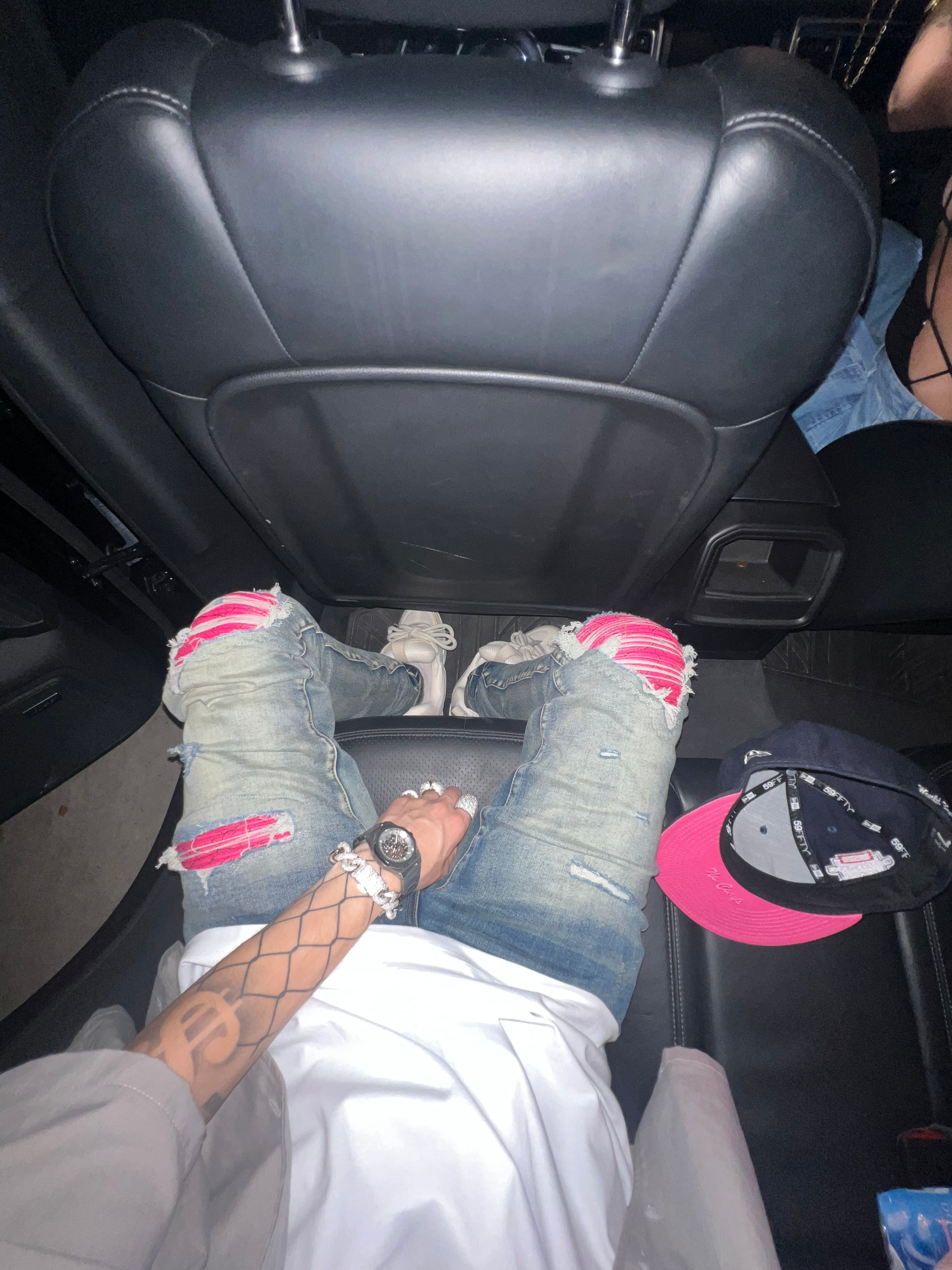 Pink Ripped leather blue denim