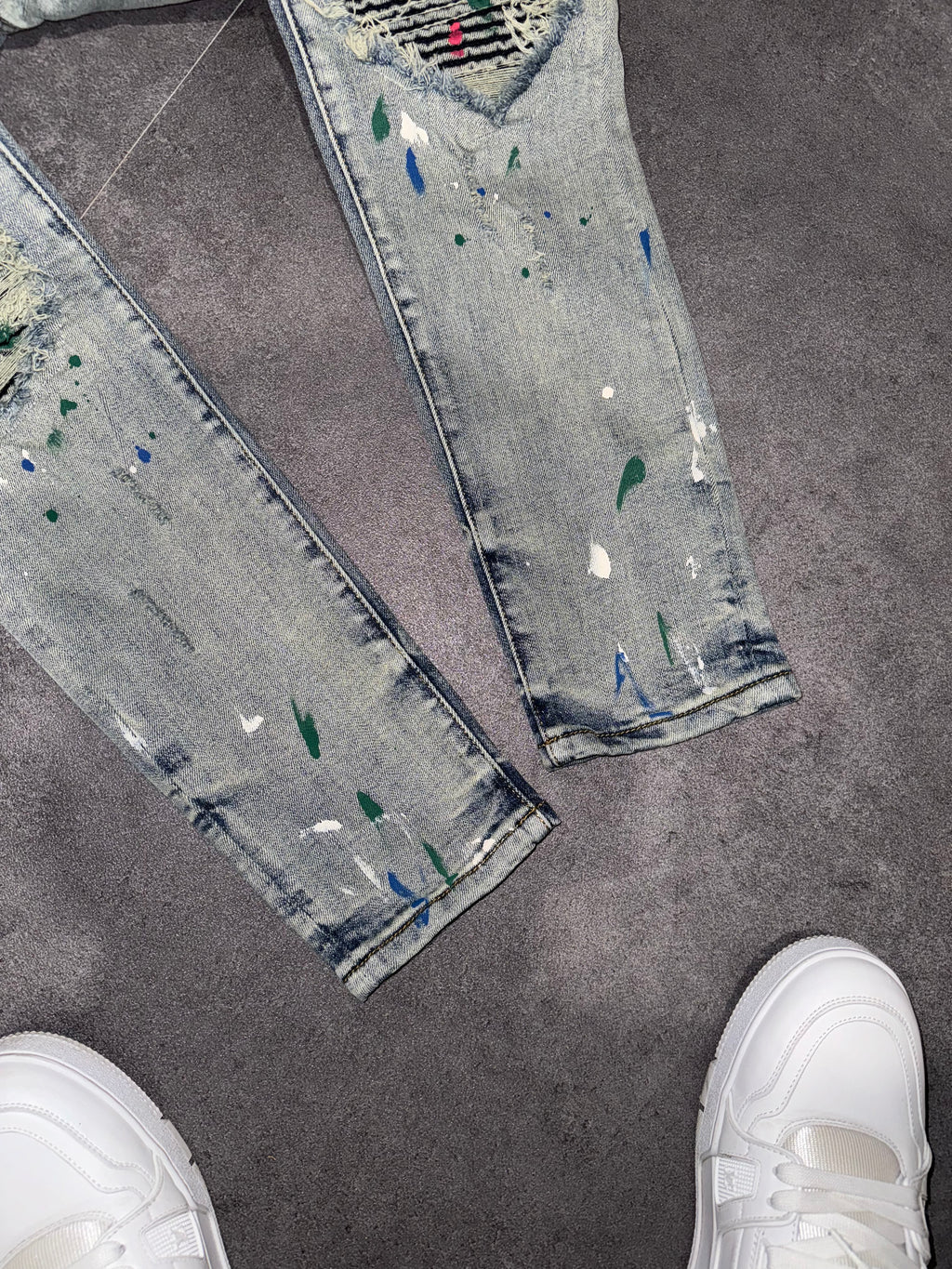 Grey Paint Distressed Denim