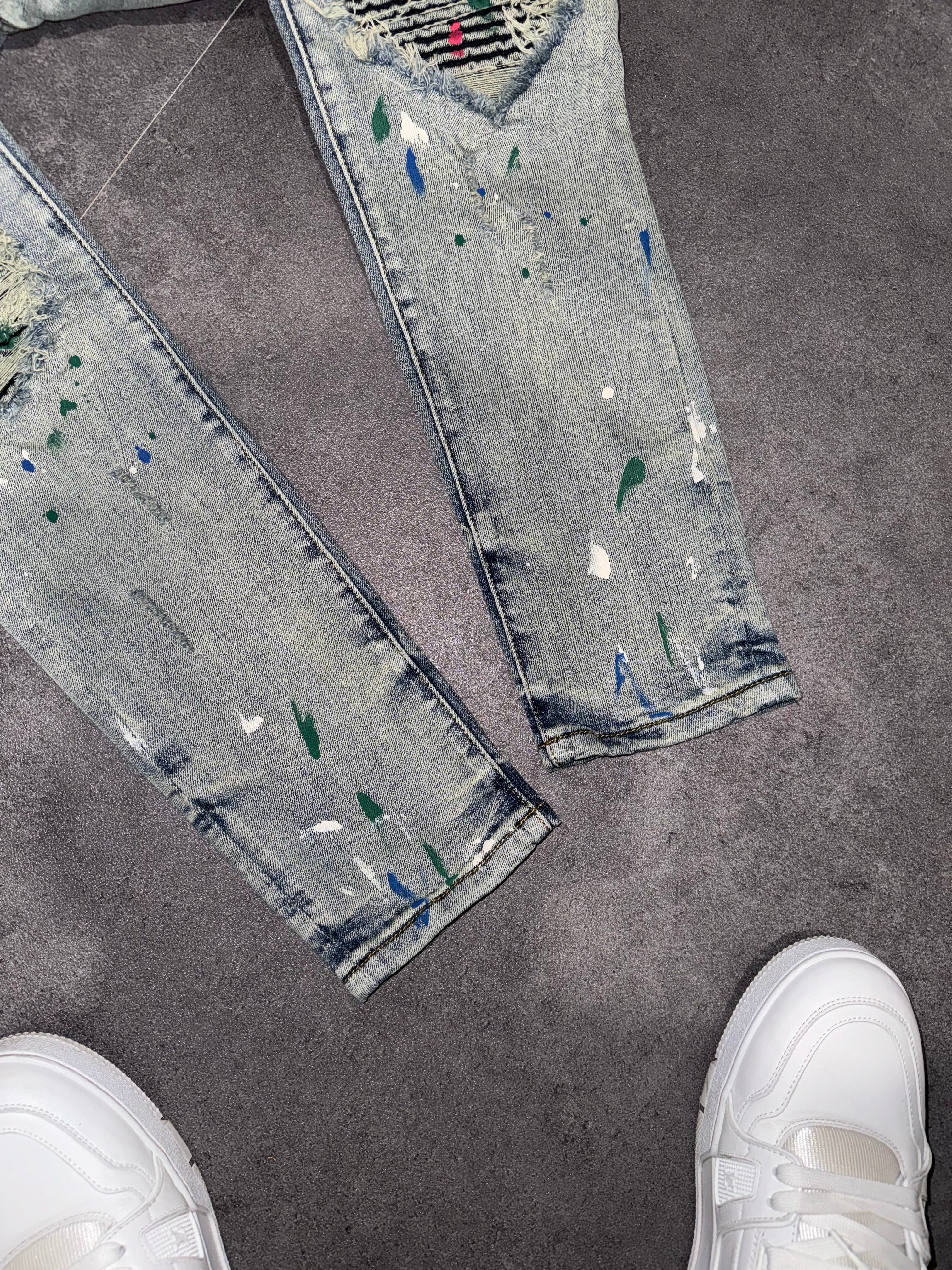 Grey Paint Distressed Denim