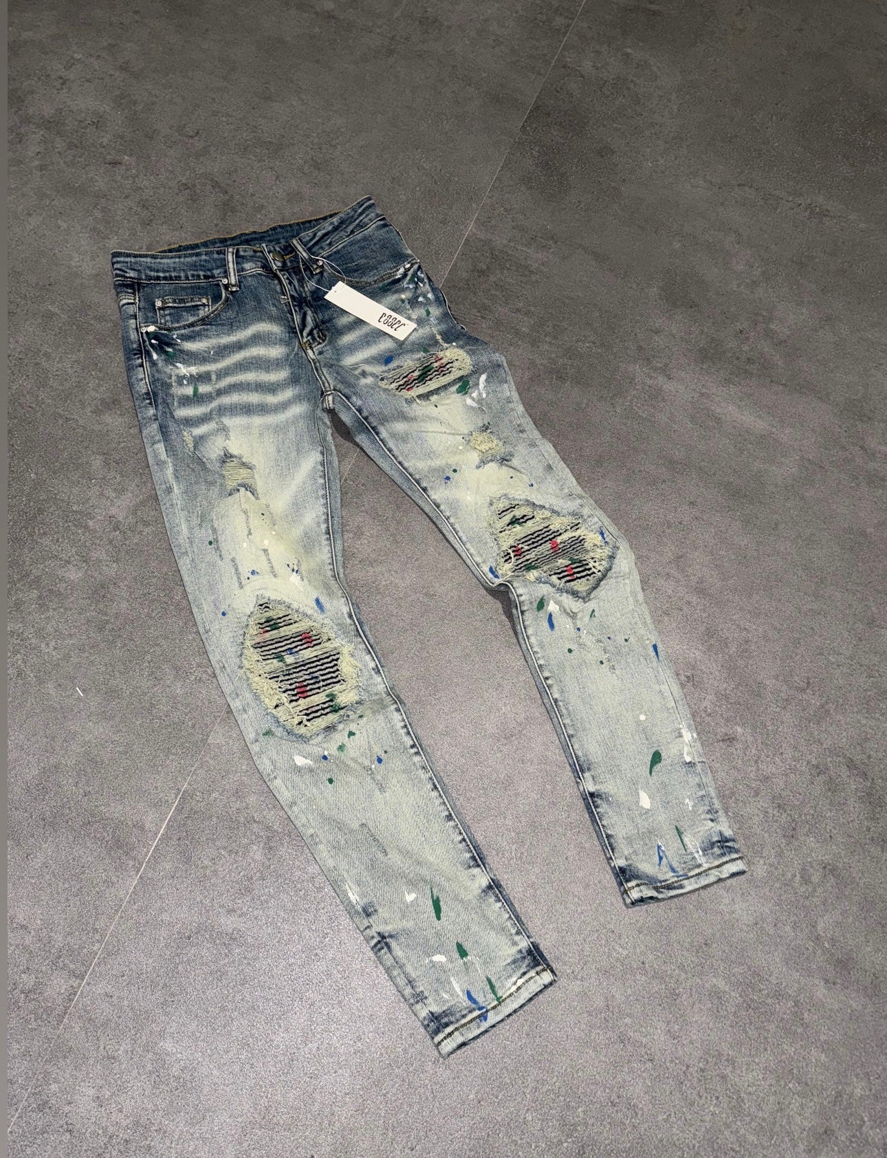 Grey Paint Distressed Denim
