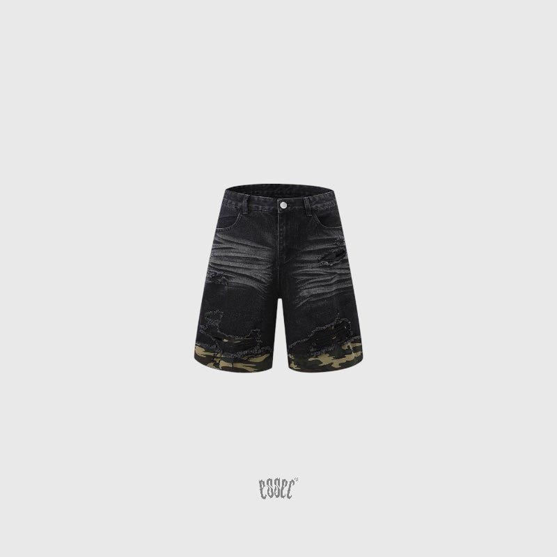 Denim Distressed Shorts Black Camo