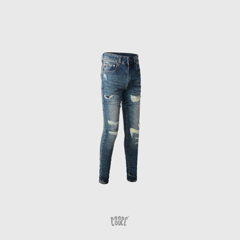 Dark Blue Wash Distressed Denim