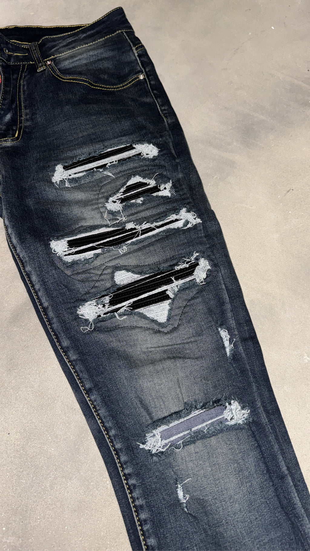 Dark Blue Ripped Black Leather Denim