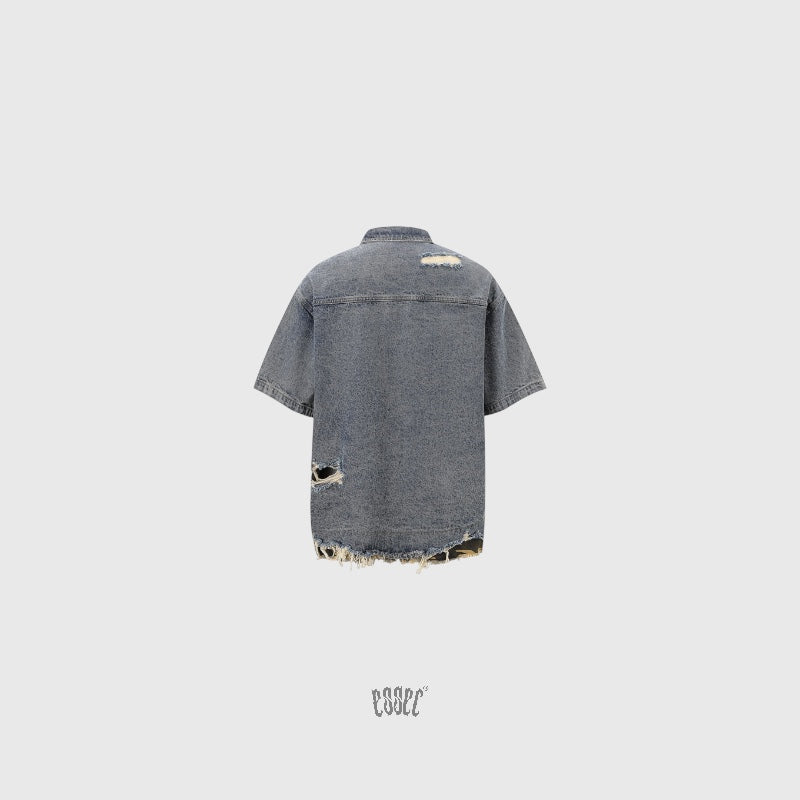 Denim Distressed Shirt Blue Camo