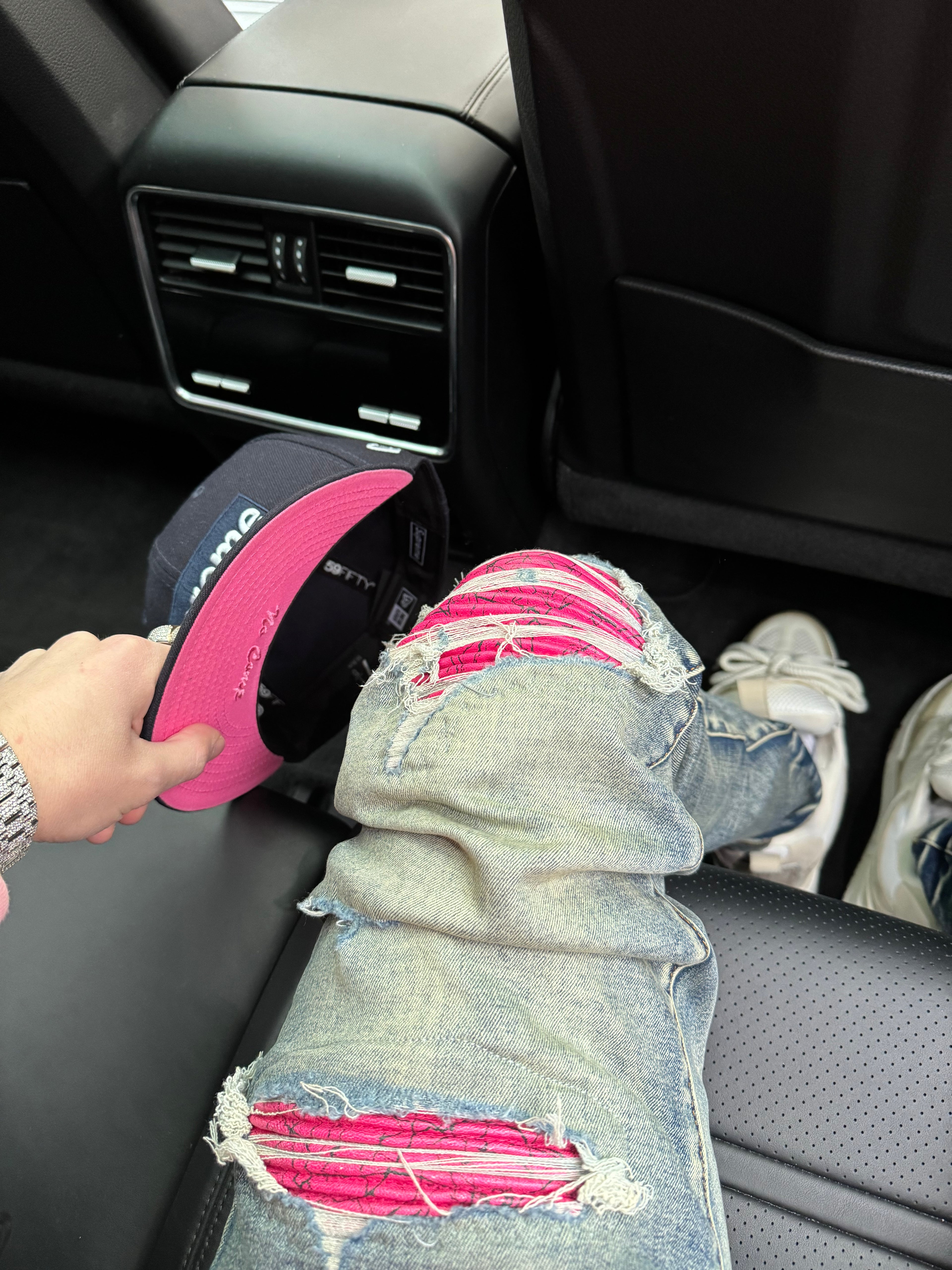 Pink Ripped leather blue denim