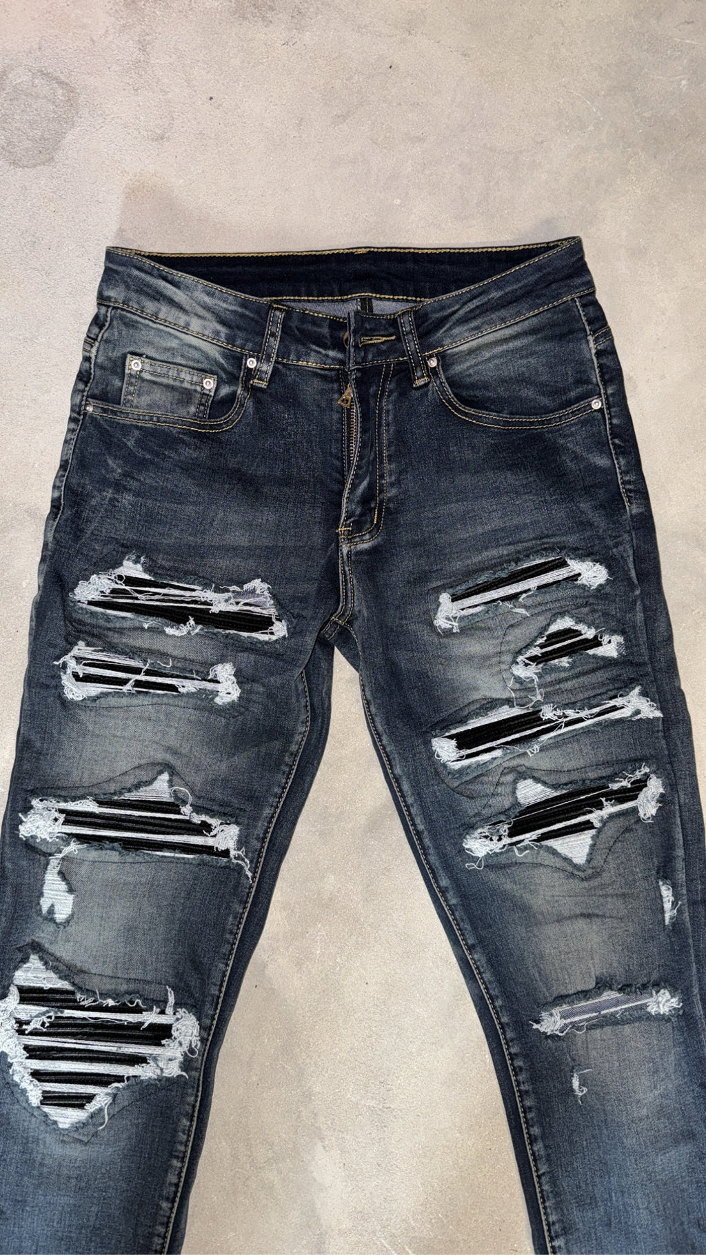 Dark Blue Ripped Black Leather Denim