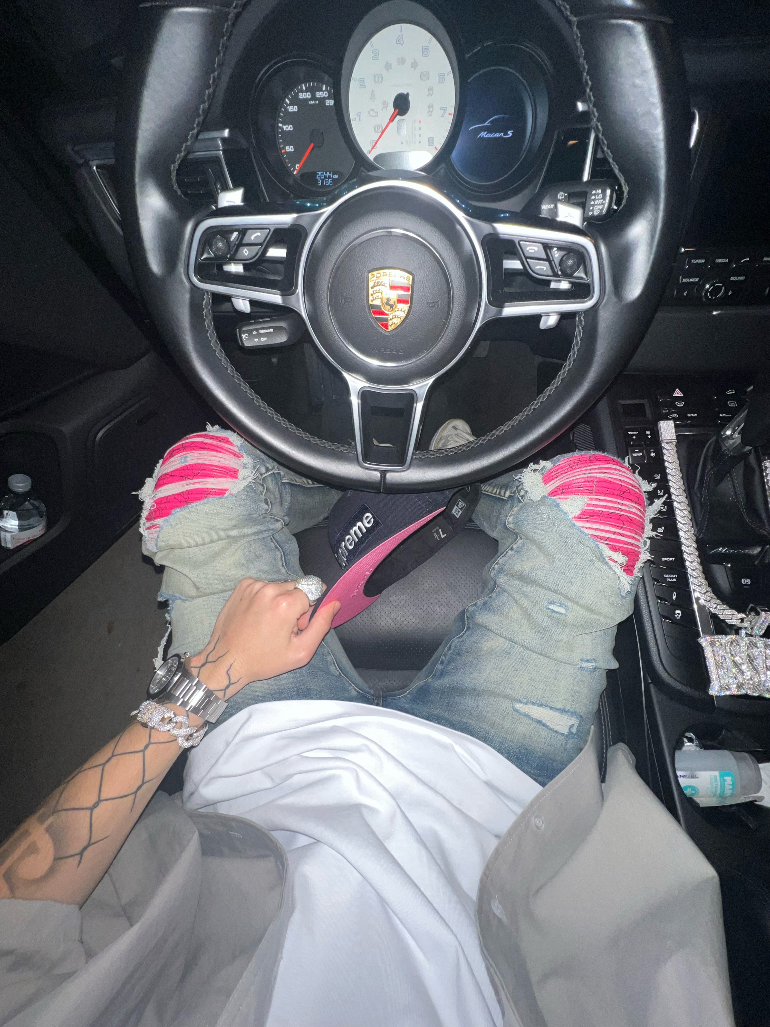 Pink Ripped leather blue denim