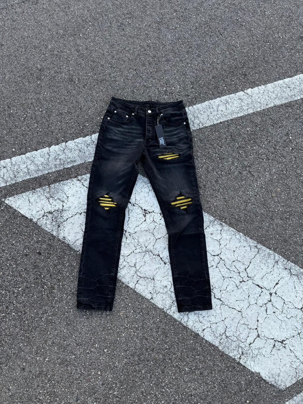 Black Ripped Yellow Denim