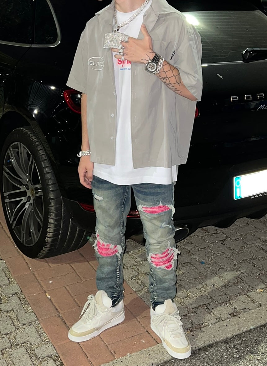 Pink Ripped leather blue denim