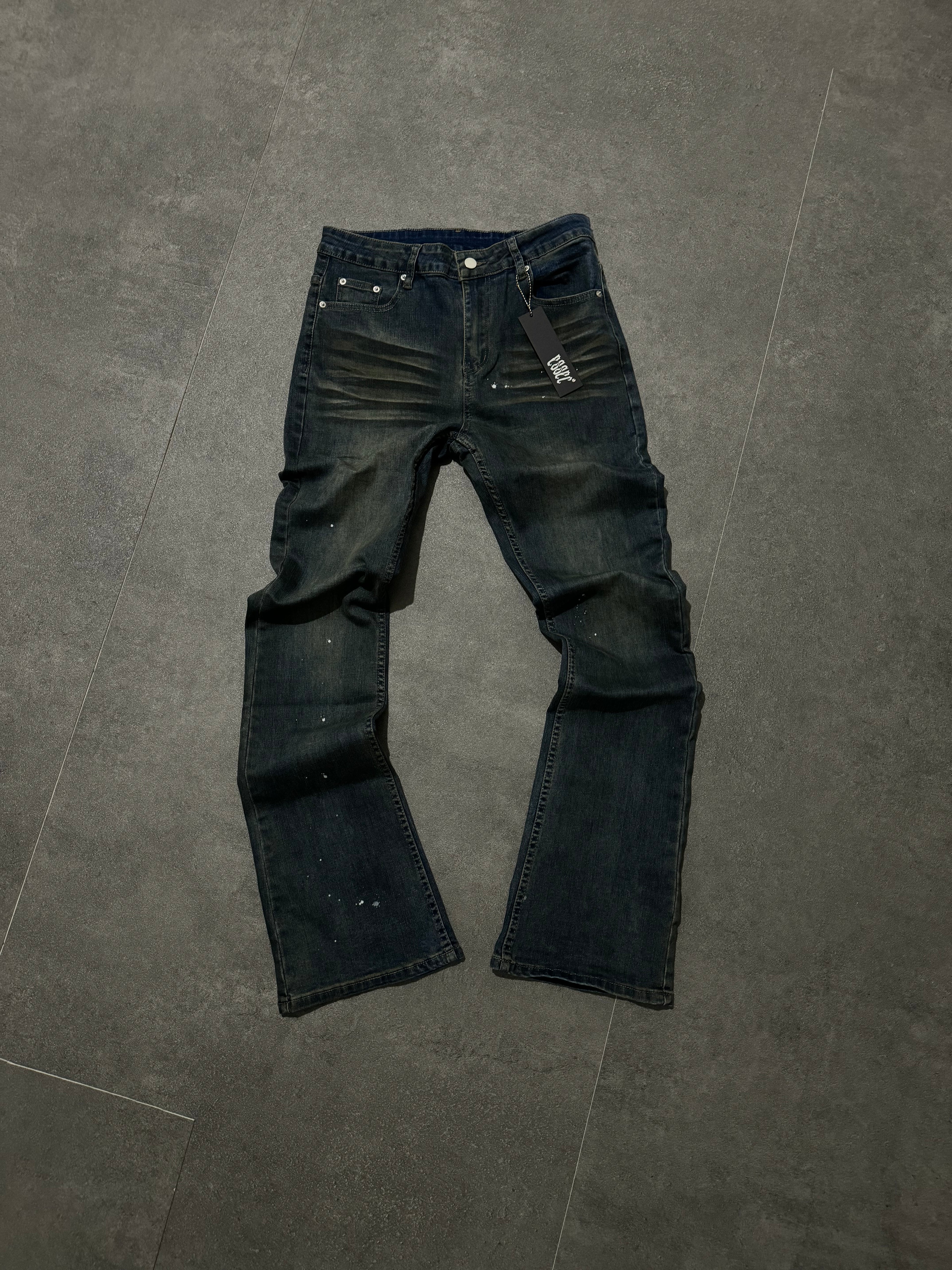 Dark Blue Dirty Wash Flared Denim