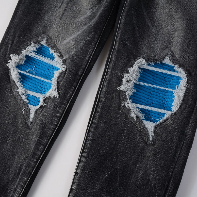 Dark Grey Blue Patch Denim