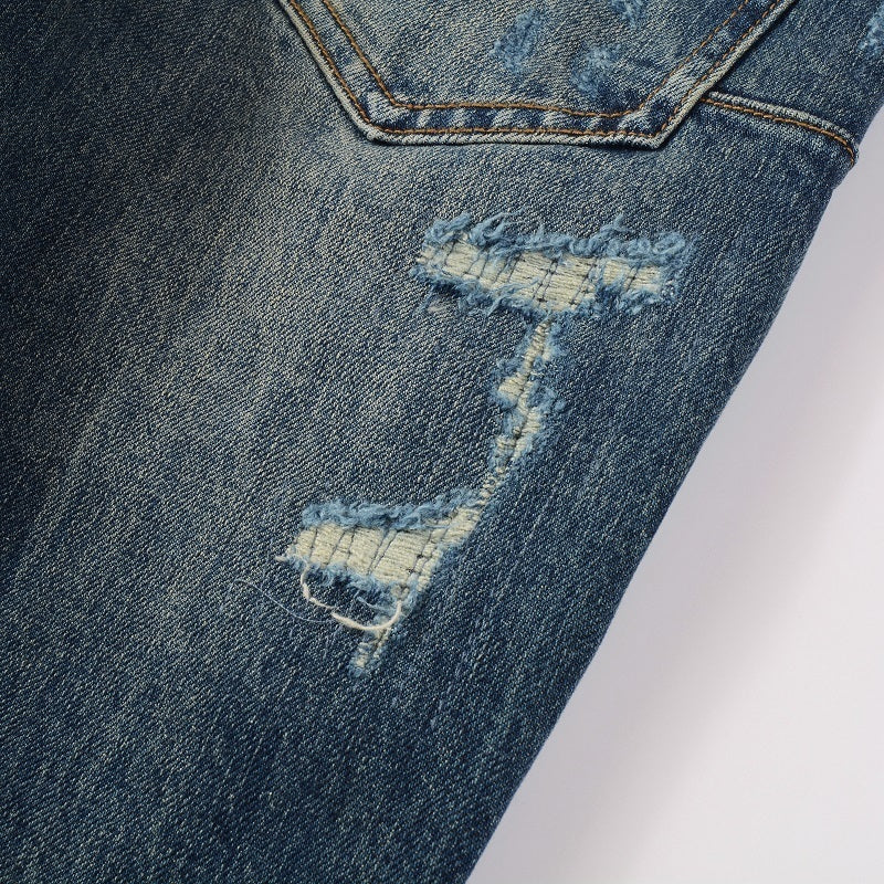 Dark Blue Wash Distressed Denim