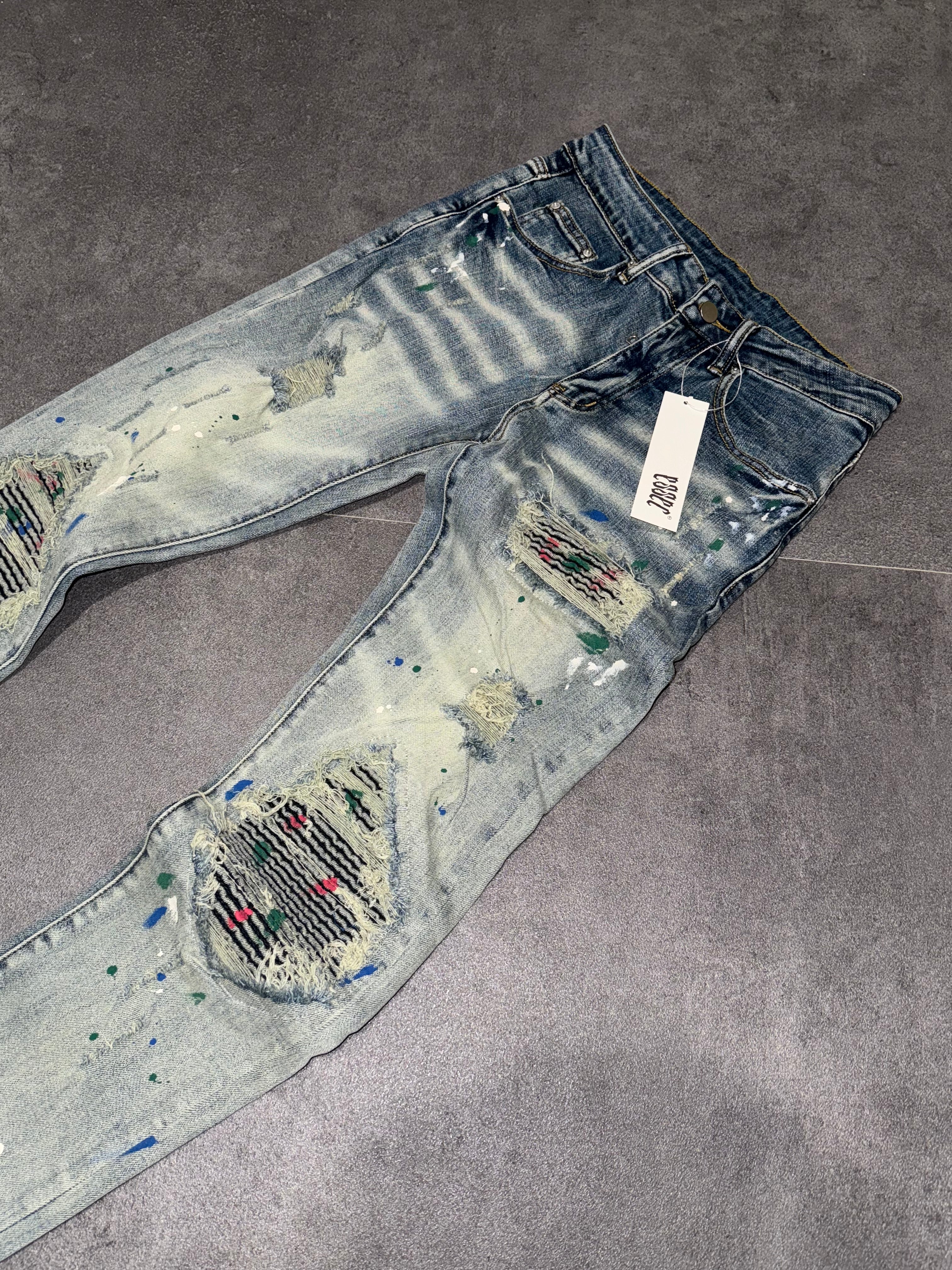 Grey Paint Distressed Denim