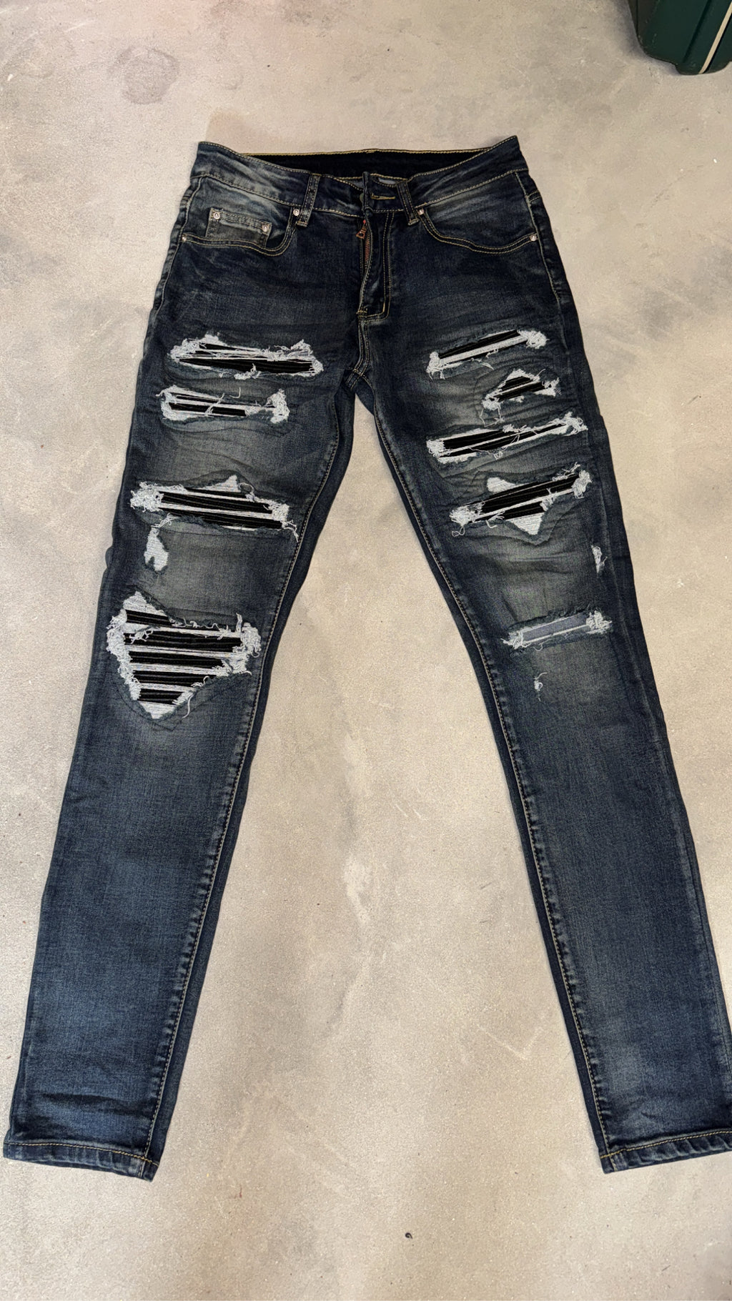 Dark Blue Ripped Black Leather Denim