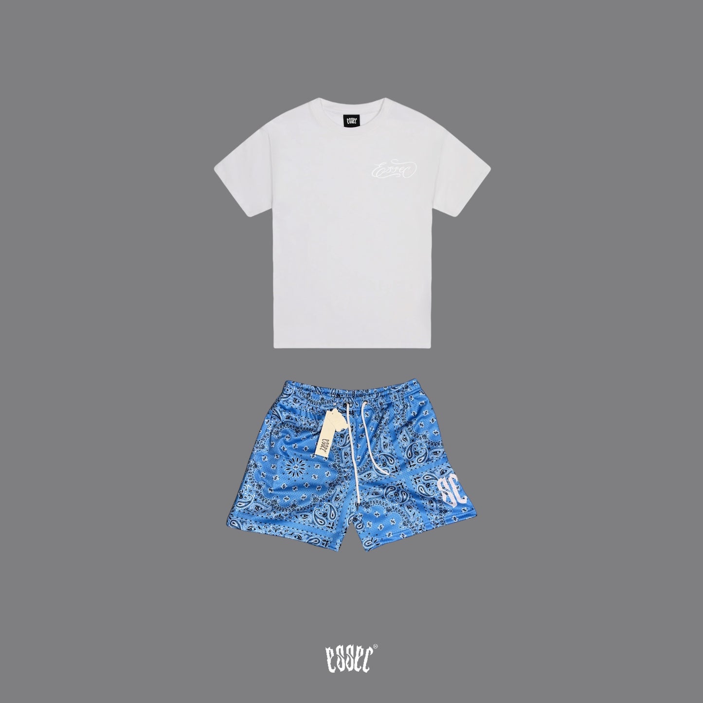 Essec White Basic Tee + Light Blue Bandana Shorts set