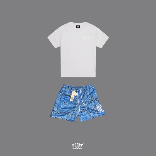 Essec White Basic Tee + Light Blue Bandana Shorts set