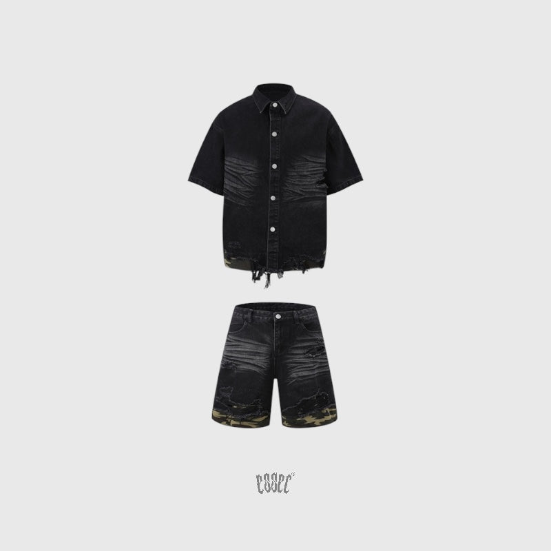 Denim Distressed Set Black Camo