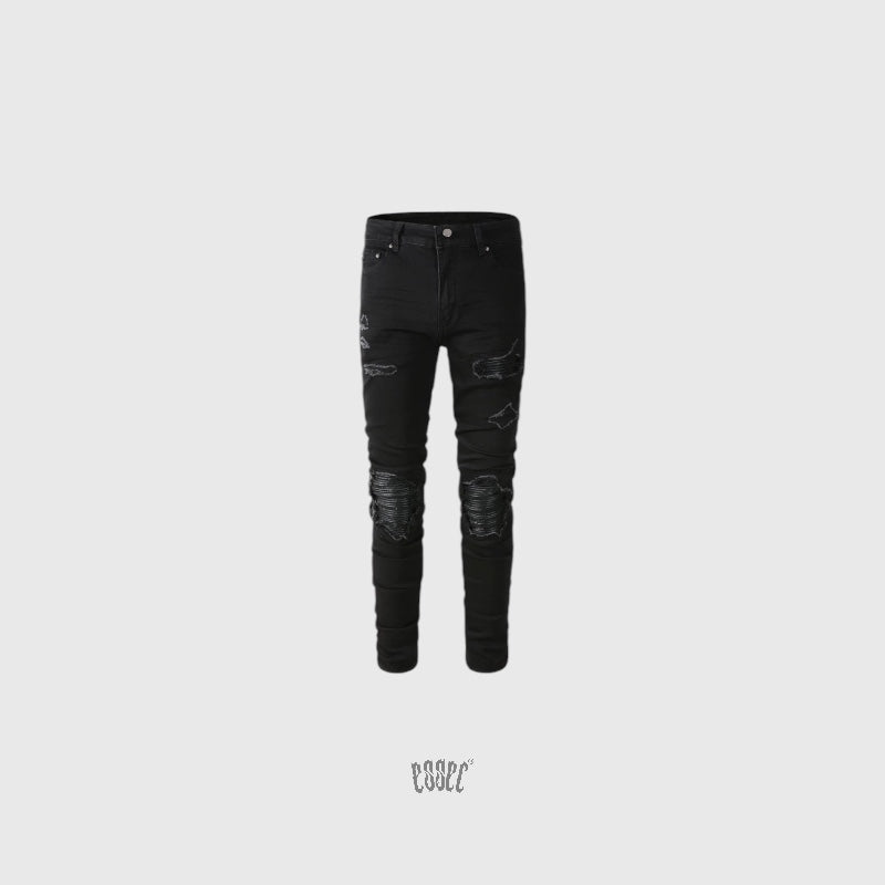 Black Ripped Leather Denim
