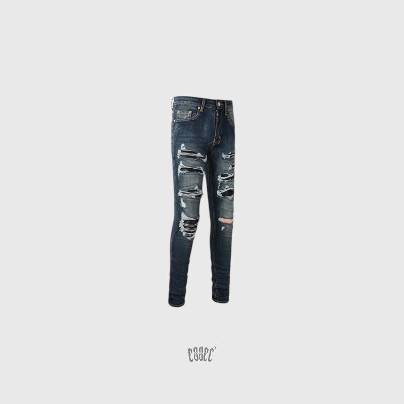 Dark Blue Ripped Black Leather Denim