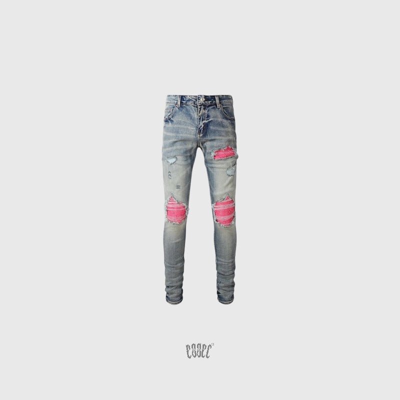 Pink Ripped leather blue denim