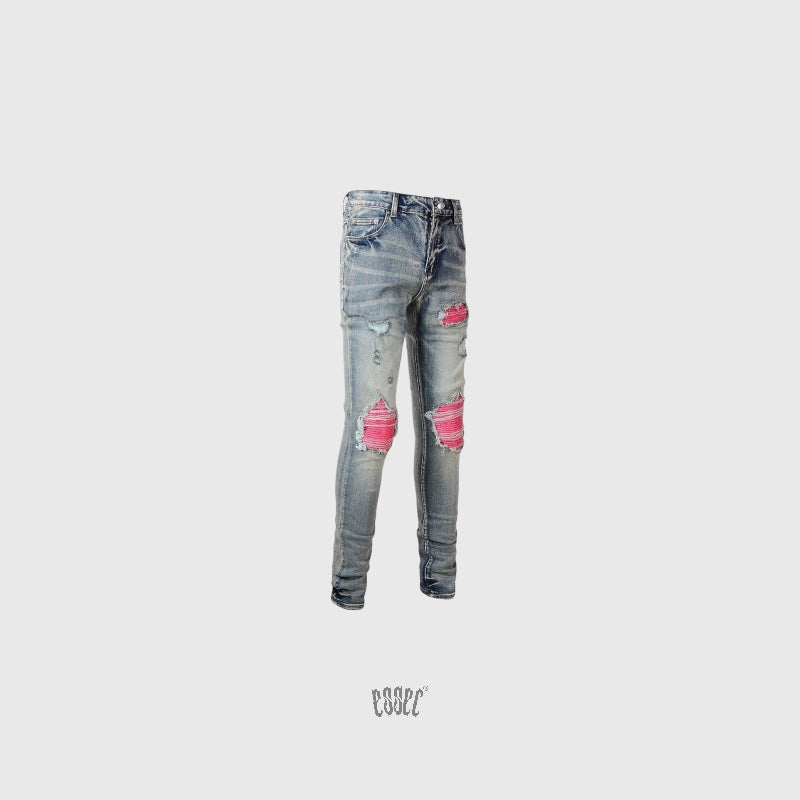 Pink Ripped leather blue denim