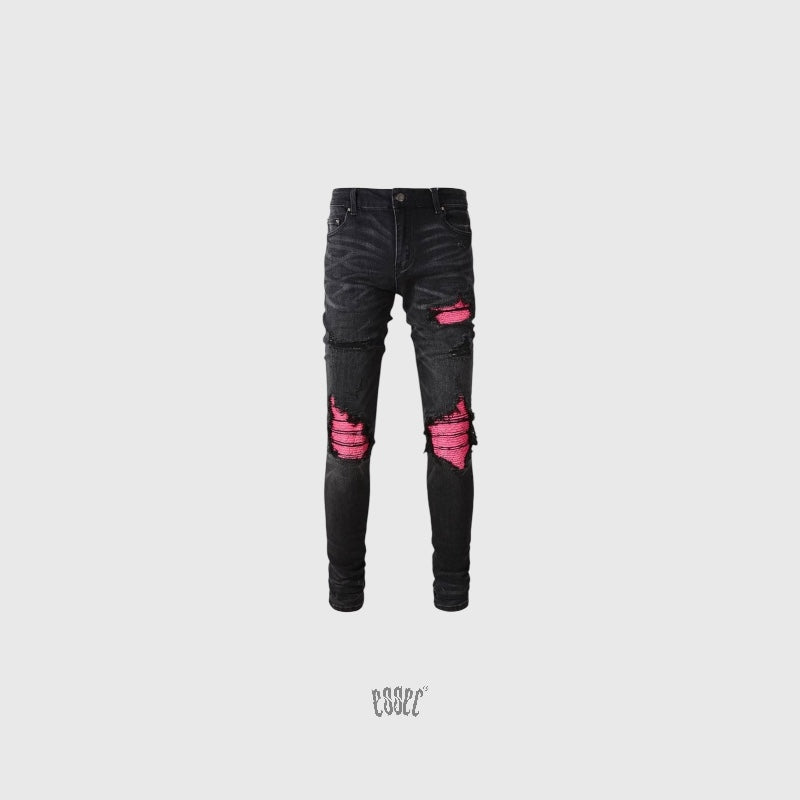 Pink Ripped Leather Black Denim