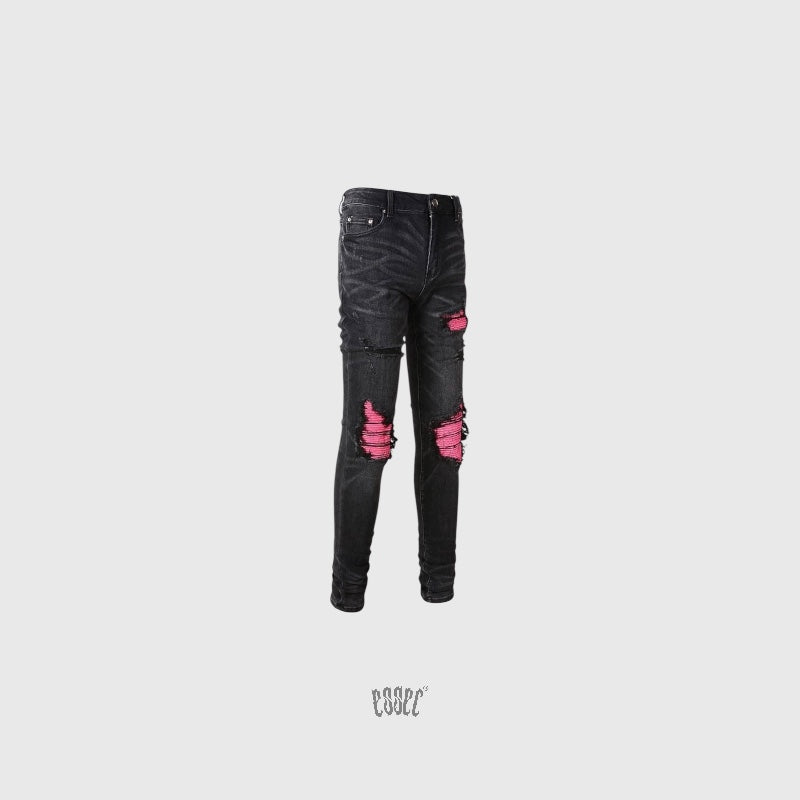 Pink Ripped Leather Black Denim