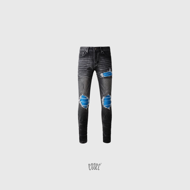 Dark Grey Blue Patch Denim