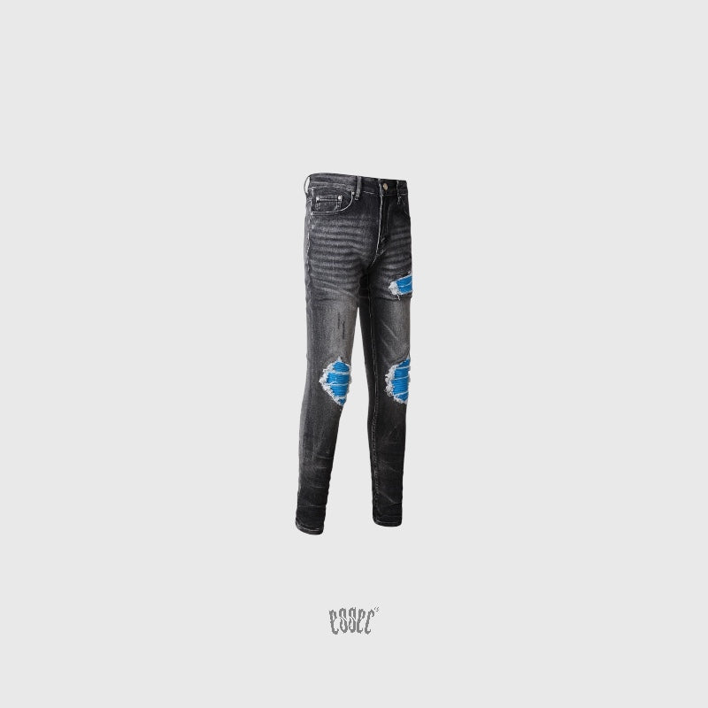 Dark Grey Blue Patch Denim