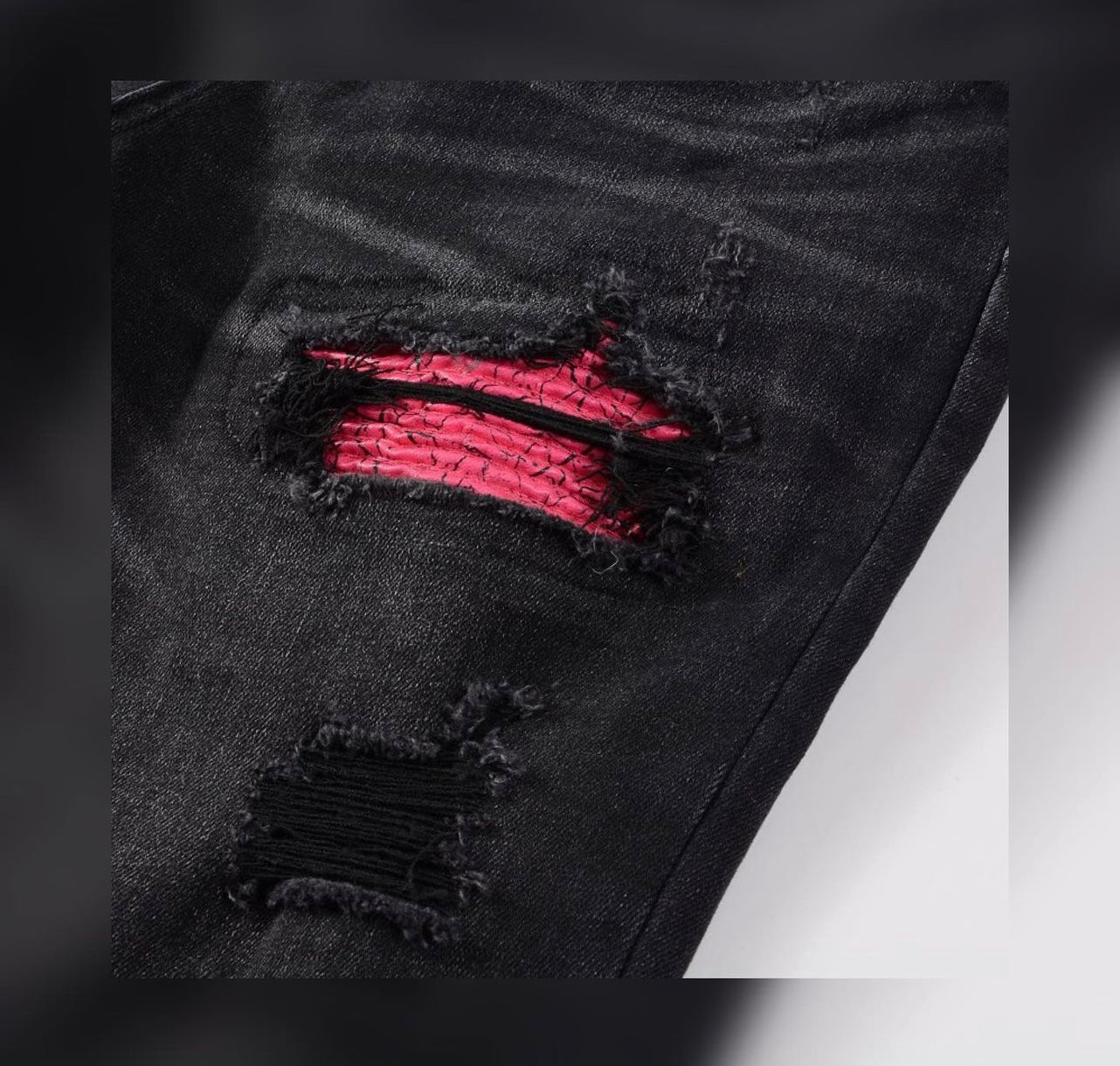 Pink Ripped Leather Black Denim