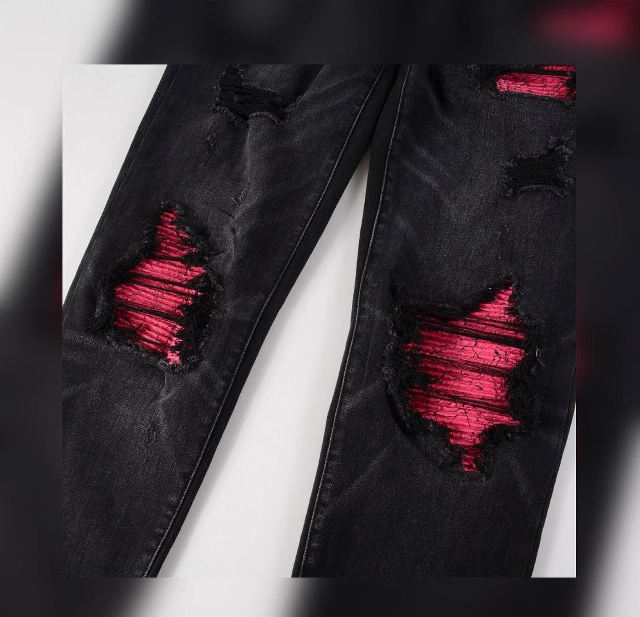 Pink Ripped Leather Black Denim