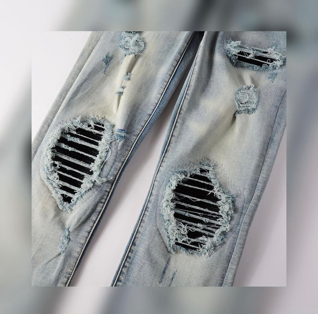 Black Leather Patch Denim